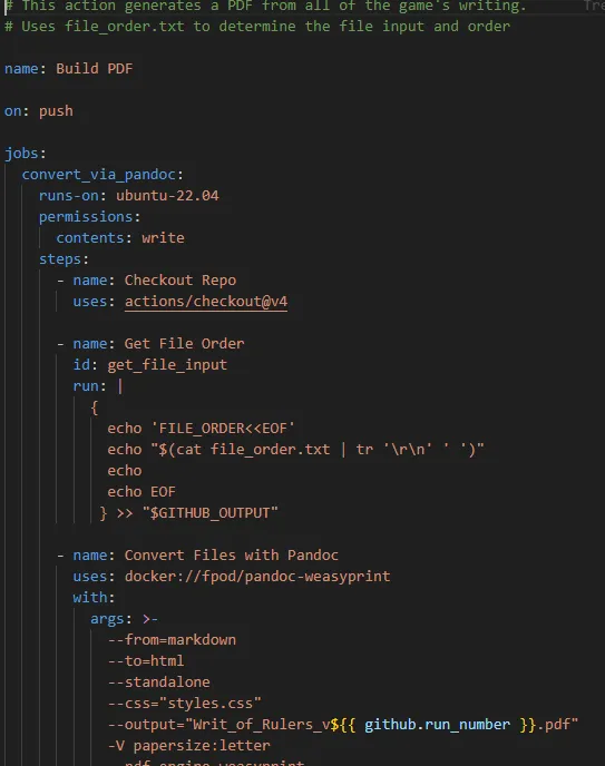 A GitHub workflow YAML file with steps to utilize Pandoc.