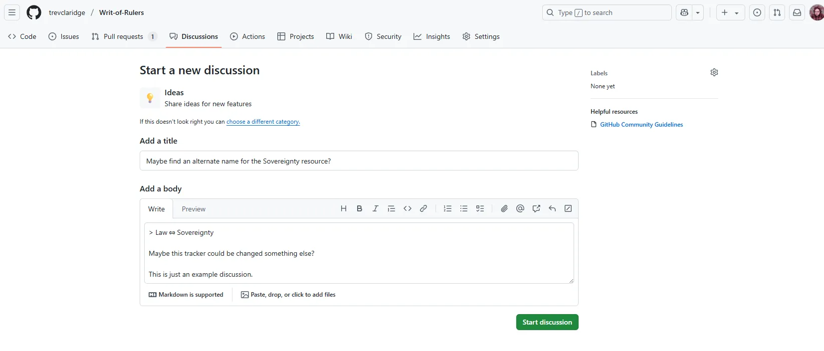 An example Discussion on the Writ of Rulers Github repo describing a possible change to the Sovereignty resource name
