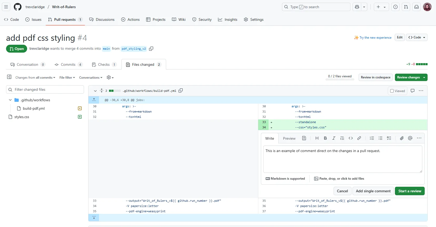 A pull request on the Writ of Rulers GitHub repo with a comment that describes itself as being an example of a comment.