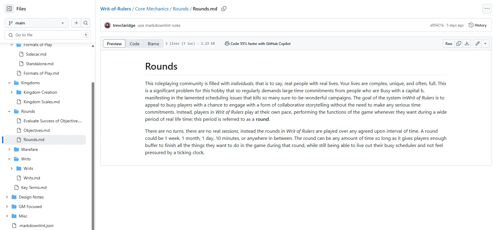 The page describing Rounds in the context of Writ of Rulers, rendered by GitHub.