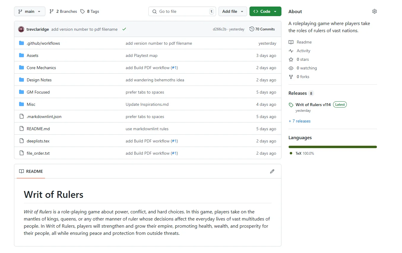 The GitHub repo of my Writ of Rulers project, on the main branch